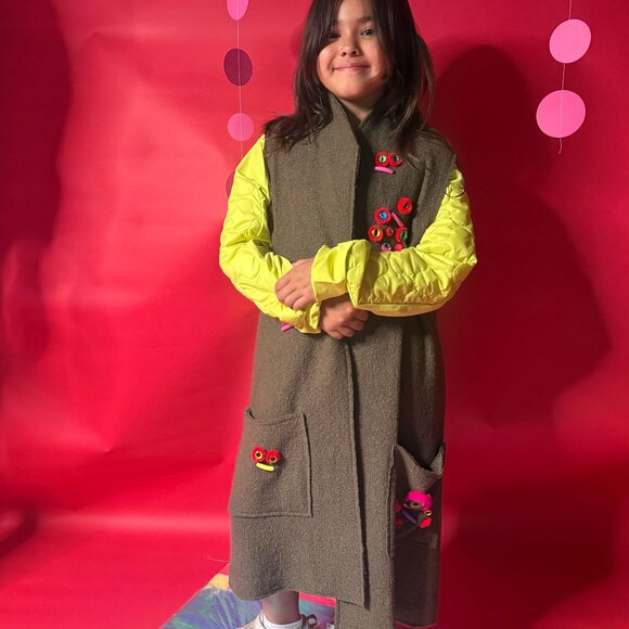 Upcycled Monster Eyes Vest + Lime Windbreaker Set – Eco Street Style – Kids 8–12 - Picture 1 of 13